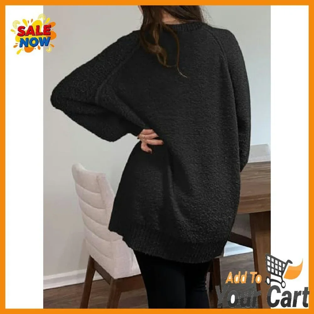 Oversized Fuzzy Sweater Crew Neck Long Sleeve Tunic Fall Winter